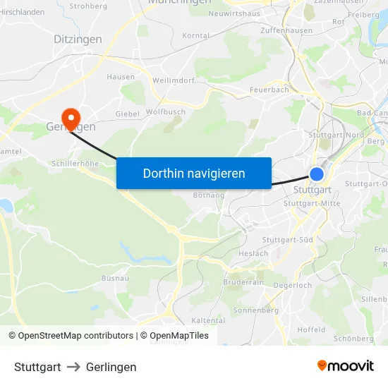 Stuttgart to Gerlingen map