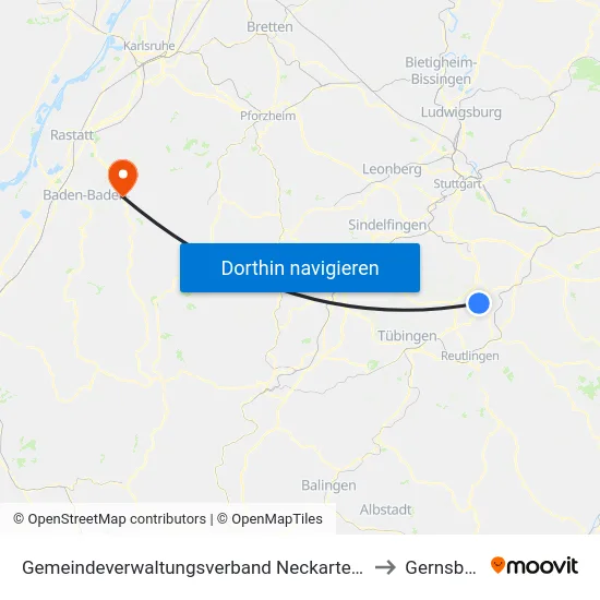 Gemeindeverwaltungsverband Neckartenzlingen to Gernsbach map