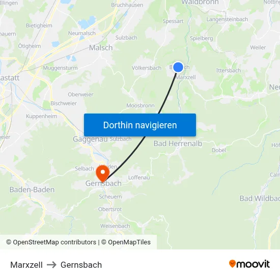 Marxzell to Gernsbach map