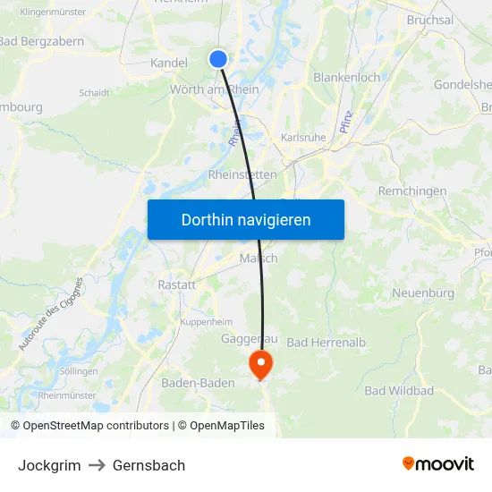 Jockgrim to Gernsbach map