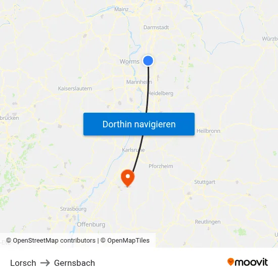 Lorsch to Gernsbach map