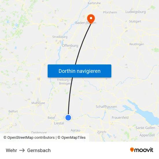 Wehr to Gernsbach map