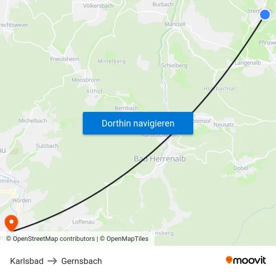Karlsbad to Gernsbach map