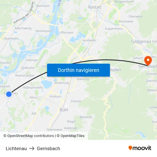 Lichtenau to Gernsbach map