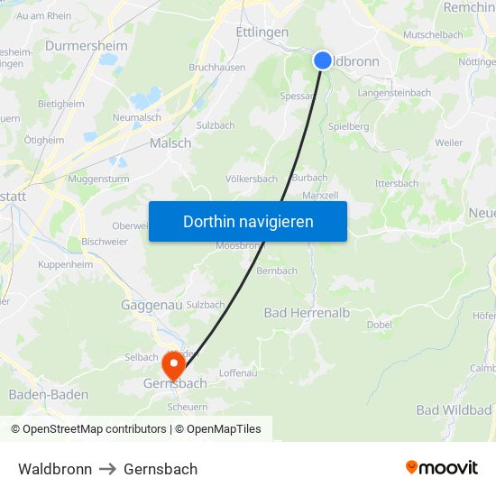Waldbronn to Gernsbach map