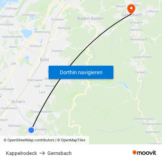 Kappelrodeck to Gernsbach map