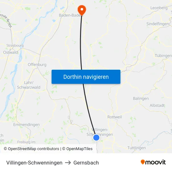 Villingen-Schwenningen to Gernsbach map