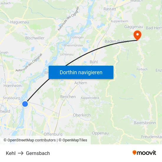 Kehl to Gernsbach map