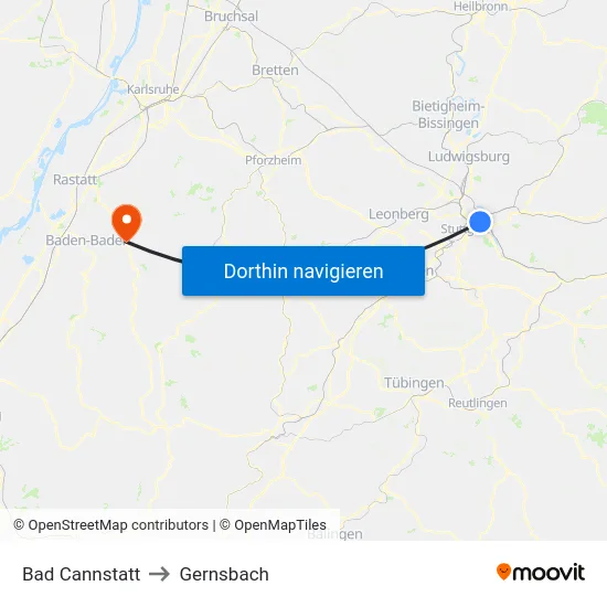 Bad Cannstatt to Gernsbach map