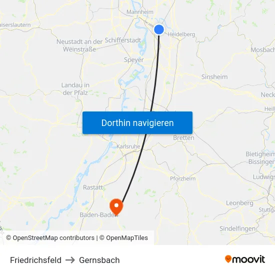 Friedrichsfeld to Gernsbach map