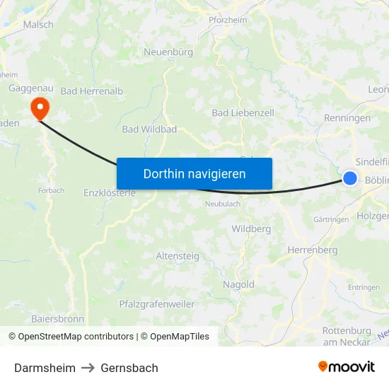 Darmsheim to Gernsbach map