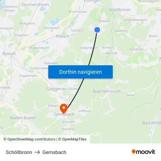 Schöllbronn to Gernsbach map