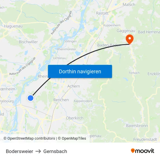 Bodersweier to Gernsbach map