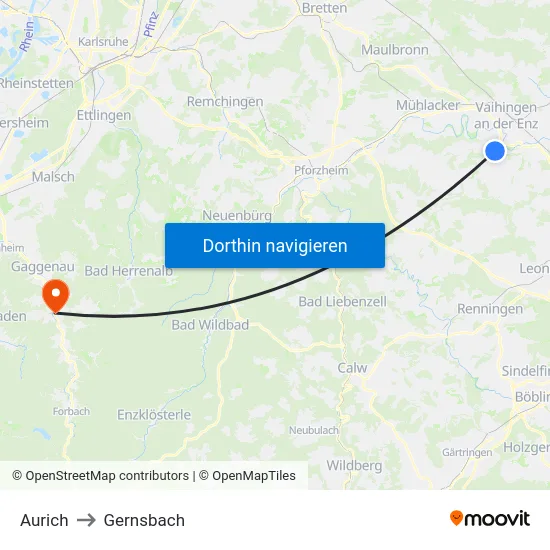 Aurich to Gernsbach map