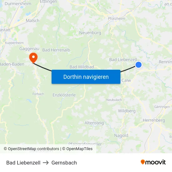 Bad Liebenzell to Gernsbach map