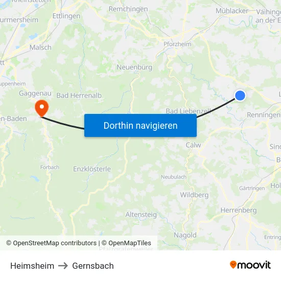 Heimsheim to Gernsbach map
