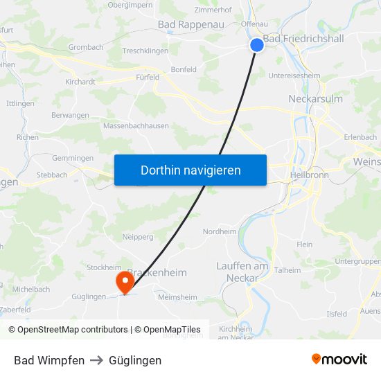 Bad Wimpfen to Güglingen map