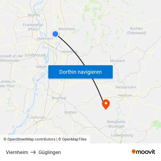 Viernheim to Güglingen map