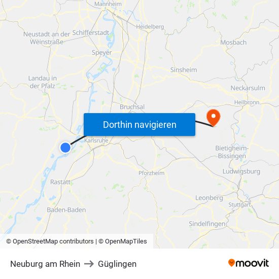 Neuburg am Rhein to Güglingen map