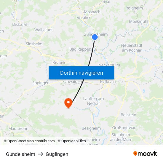 Gundelsheim to Güglingen map