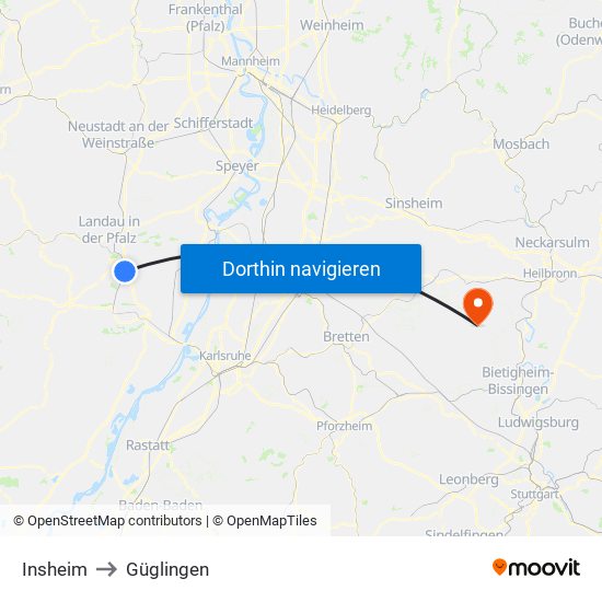 Insheim to Güglingen map