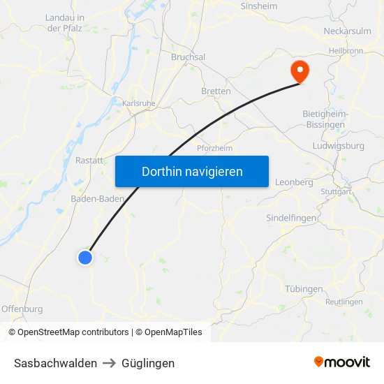 Sasbachwalden to Güglingen map