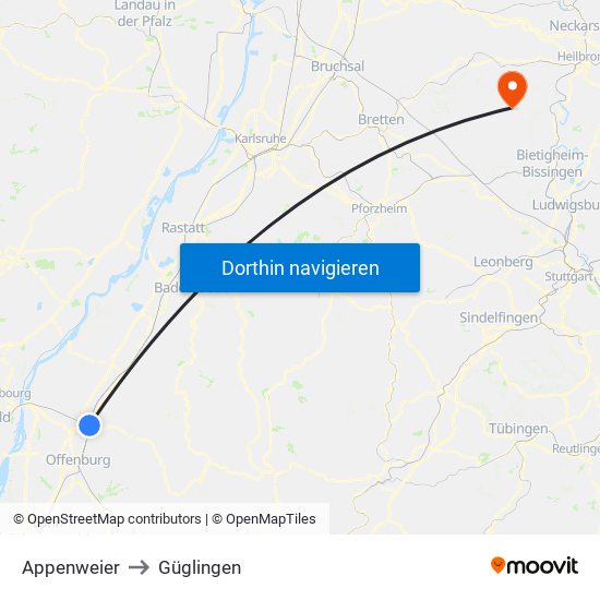 Appenweier to Güglingen map