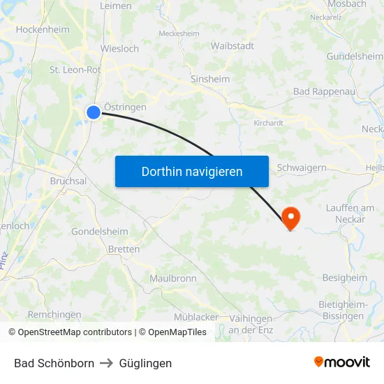 Bad Schönborn to Güglingen map