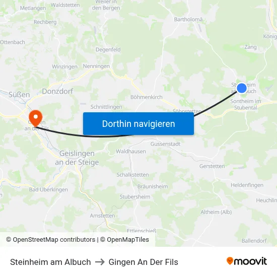 Steinheim am Albuch to Gingen An Der Fils map