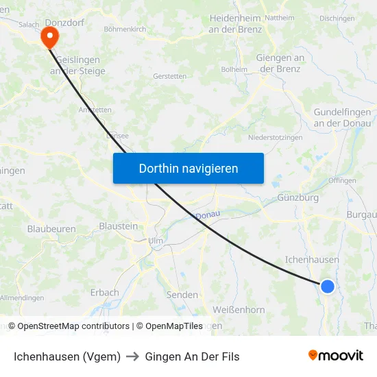 Ichenhausen (Vgem) to Gingen An Der Fils map