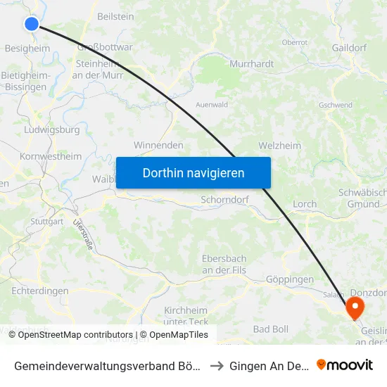 Gemeindeverwaltungsverband Bönnigheim to Gingen An Der Fils map