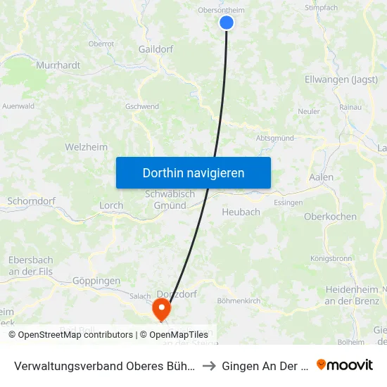 Verwaltungsverband Oberes Bühlertal to Gingen An Der Fils map