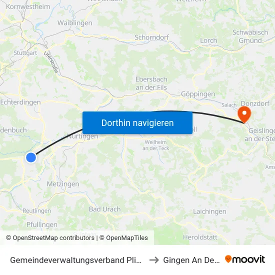 Gemeindeverwaltungsverband Pliezhausen to Gingen An Der Fils map