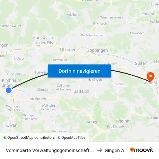 Vereinbarte Verwaltungsgemeinschaft Der Stadt Kirchheim Unter Teck to Gingen An Der Fils map