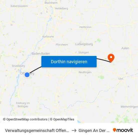 Verwaltungsgemeinschaft Offenburg to Gingen An Der Fils map