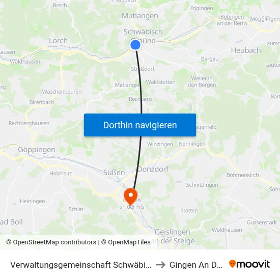 Verwaltungsgemeinschaft Schwäbisch Gmünd to Gingen An Der Fils map