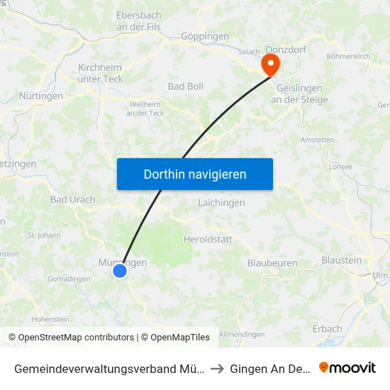 Gemeindeverwaltungsverband Münsingen to Gingen An Der Fils map