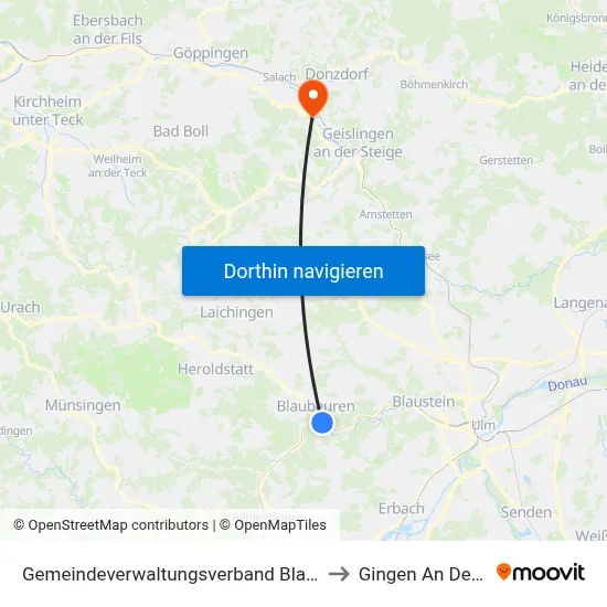 Gemeindeverwaltungsverband Blaubeuren to Gingen An Der Fils map