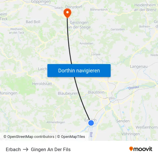 Erbach to Gingen An Der Fils map
