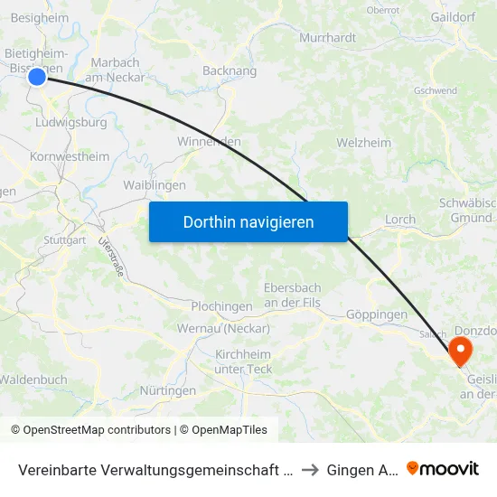 Vereinbarte Verwaltungsgemeinschaft Der Stadt Bietigheim-Bissingen to Gingen An Der Fils map