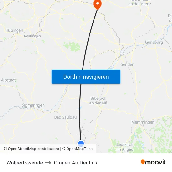 Wolpertswende to Gingen An Der Fils map