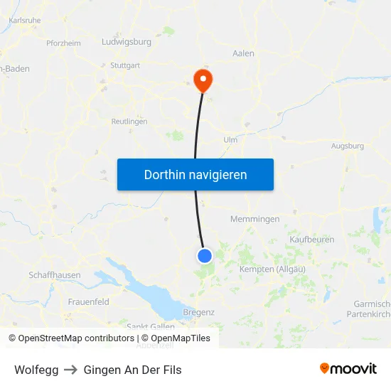 Wolfegg to Gingen An Der Fils map
