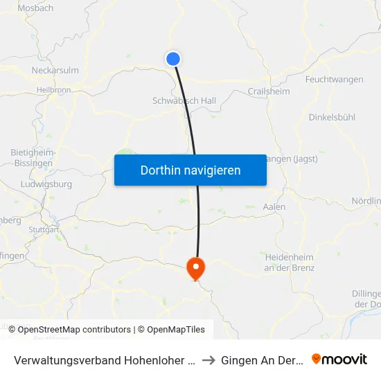 Verwaltungsverband Hohenloher Ebene to Gingen An Der Fils map