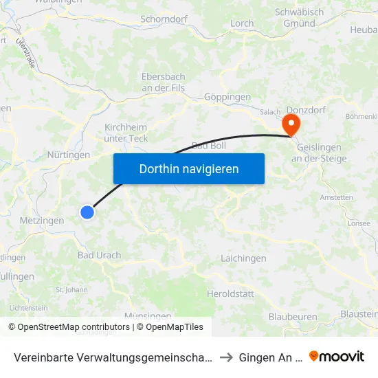 Vereinbarte Verwaltungsgemeinschaft Der Stadt Neuffen to Gingen An Der Fils map