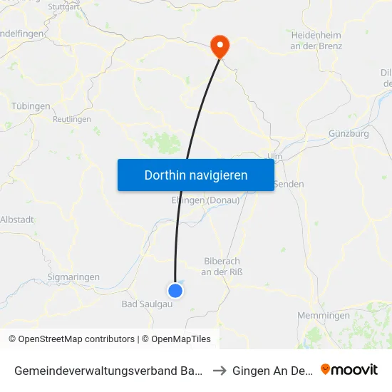 Gemeindeverwaltungsverband Bad Buchau to Gingen An Der Fils map