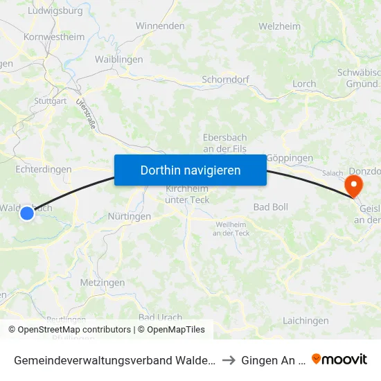 Gemeindeverwaltungsverband Waldenbuch/Steinenbronn to Gingen An Der Fils map