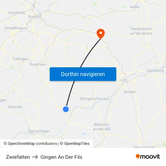 Zwiefalten to Gingen An Der Fils map