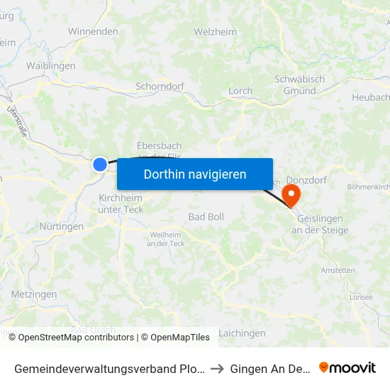 Gemeindeverwaltungsverband Plochingen to Gingen An Der Fils map