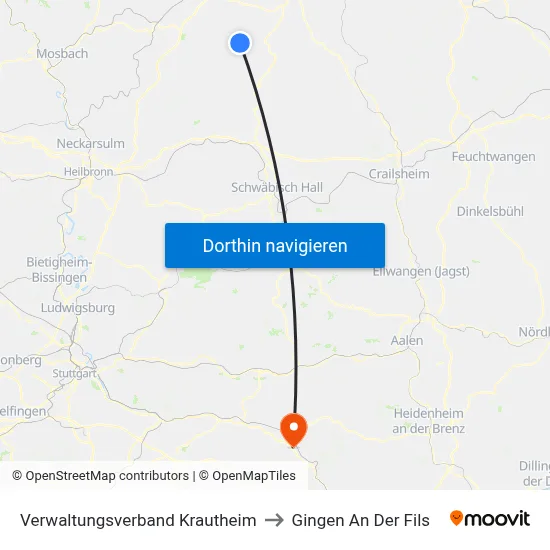 Verwaltungsverband Krautheim to Gingen An Der Fils map