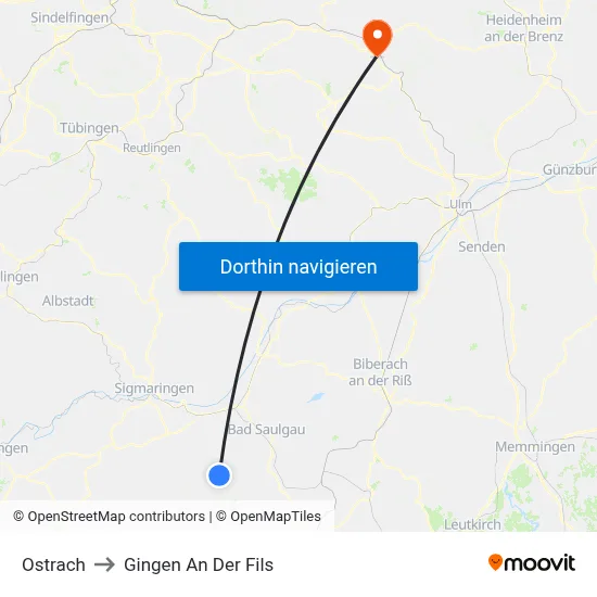 Ostrach to Gingen An Der Fils map